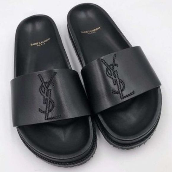 Saint Laurent Shoes - Saint Laurent Black Jimmy Street Style YSL Logo Leather Slides Size IT39